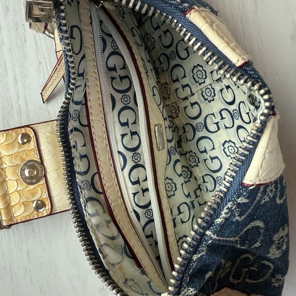 Y2K Gussaci Denim Monogram Faux Croc Leather Baguette Bag Purse Bling Big Buckle - Picture 8 of 13